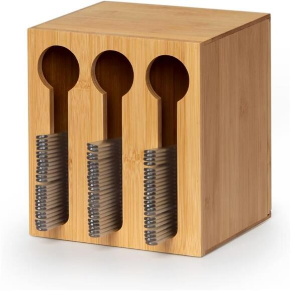 Bamboo utensil dispenser cutlery holder organizer for forks spoons knives party - Picture 1 of 7